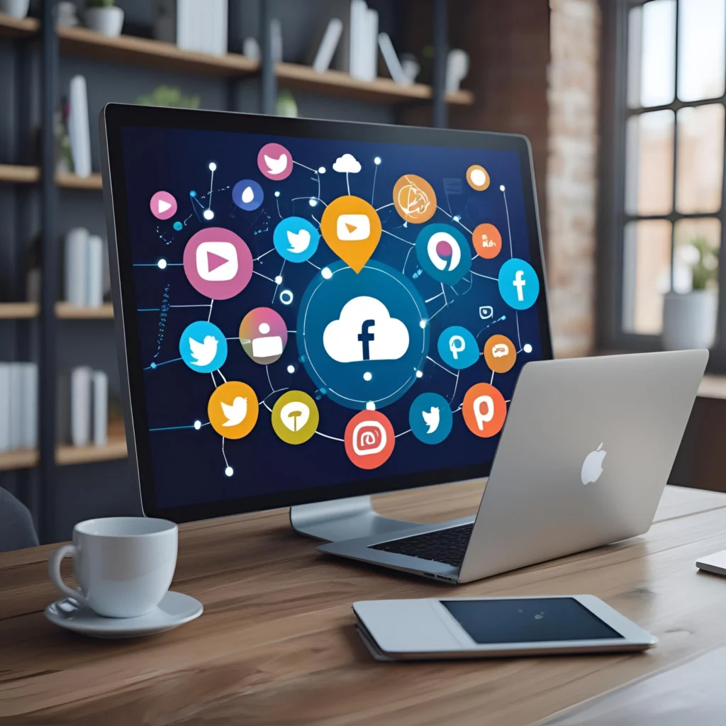 social media icons Infront of a laptop