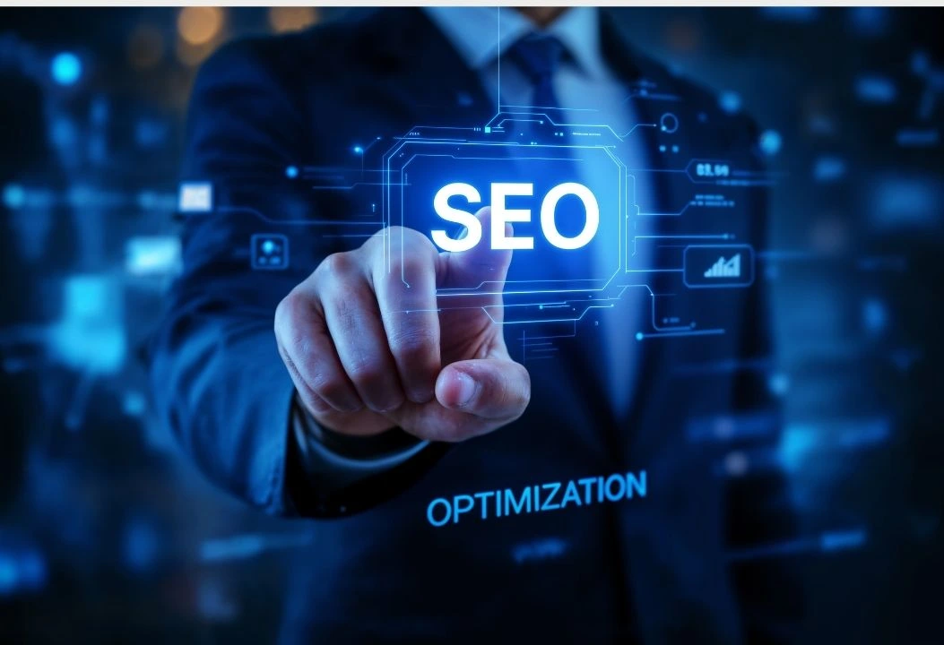in violet background seo expert toching seo text